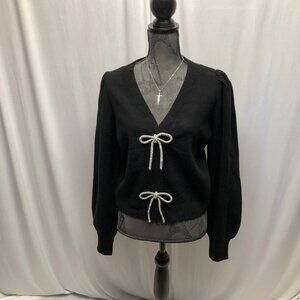 Express Black Sweater Womens Size Large Puff Sleeves Silver Bow Accents NEW